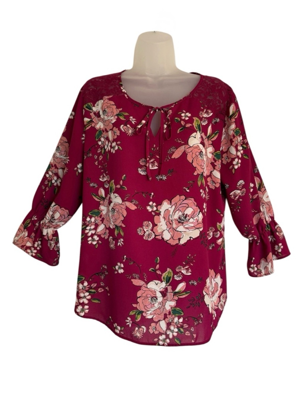 Van Heusen Floral Tie-Neck Flowy Tunic With Lace Detail Size Large
